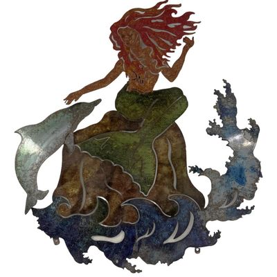Sale Photo Thumbnail #463: This durable powder coated piece features a cut-out mermaid figure in polychrome colors. The original tag is still attached. Measurement: 25” x 22.5”. [AG]