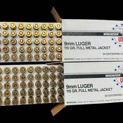 Sale Photo Thumbnail #472: Includes two boxes of 50 rounds of 115 grain 9mm full metal jacket ammunition. Total of 100 rounds. **NO SHIPPING ON AMMUNITION.** [LG]