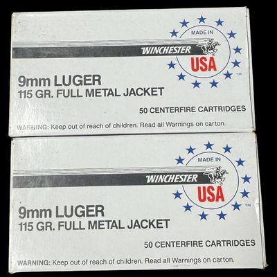 Sale Photo Thumbnail #470: Includes two boxes of 50 rounds of 115 grain 9mm full metal jacket ammunition. Total of 100 rounds. **NO SHIPPING ON AMMUNITION.** [LG]