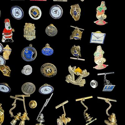 Sale Photo Thumbnail #487: Includes service pins, fraternal pins, and more. Total of 100+ pieces. [PM]