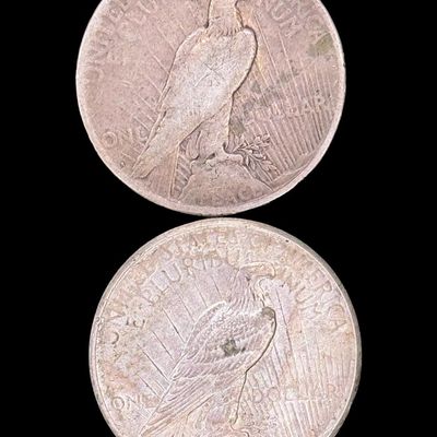 Sale Photo Thumbnail #508: Includes a 1922-S Peace dollar, and a 1926 Peace dollar. Total of two ungraded coins. The silver content is 90%. [PM]
