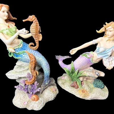 Sale Photo Thumbnail #521: Includes Ashtyn, Taylor, Nycole, and Courtney. Total of four colorful mermaids, with resin construction. Measurement of tallest: 6.5”H. [AG]