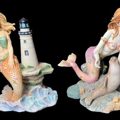 Sale Photo Thumbnail #522: Includes Ashtyn, Taylor, Nycole, and Courtney. Total of four colorful mermaids, with resin construction. Measurement of tallest: 6.5”H. [AG]