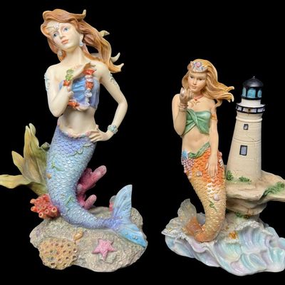 Sale Photo Thumbnail #525: Includes Courtney, Kyra, Mya, and more. Total of four colorful mermaids, with resin construction. Measurement of tallest: 10.25”H. [AG]