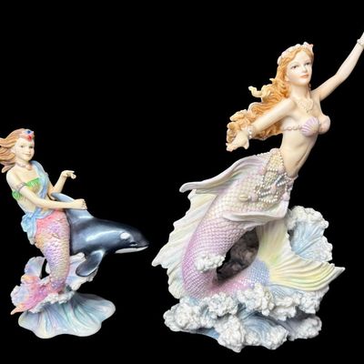 Sale Photo Thumbnail #526: Includes Courtney, Kyra, Mya, and more. Total of four colorful mermaids, with resin construction. Measurement of tallest: 10.25”H. [AG]
