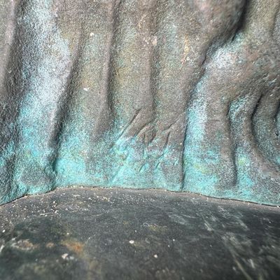 Sale Photo Thumbnail #564: This was most likely created by using traditional methods like the lost-wax technique. This piece is mounted on a multi-tiered green marble base. There is some surface discoloration, and it may have been outdoors at one time. Measurement: 21.5”H. [AG]