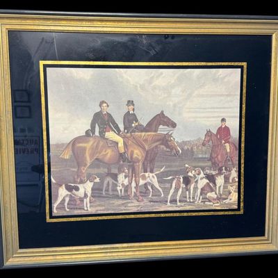 Sale Photo Thumbnail #635: This piece features an elegant, classical equestrian scene depicting riders on horseback, accompanied by a pack of hunting hounds. It is labeled Bombay Co. on the reverse. This is believed to be a print. Measurement: 30”H x 35”W. [VB]