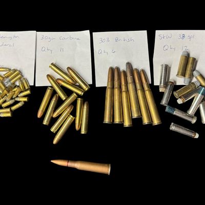 Sale Photo Thumbnail #685: Includes 30 rounds of .22, 12 rounds of .38spl, 11 rounds of 30 carbine, six rounds of .303, and one round of 7.62x54. Total of 60 rounds. **NO SHIPPING ON AMMUNITION.** [LG]