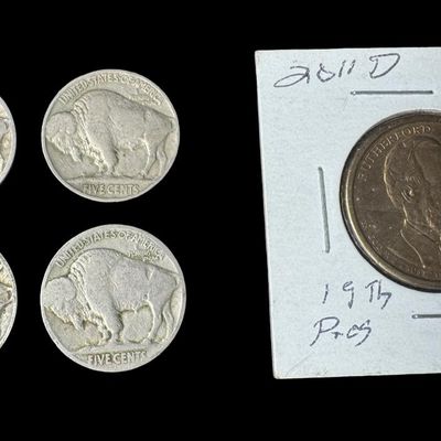 Sale Photo Thumbnail #696: Includes Buffalo nickels, Mercury dimes, 1891 five centavos, Pearl Harbor commemorative Kennedy half dollar, Rutherford B. Hayes Presidential dollar, and more. Total of 14 pieces. Some coins have 90% silver content. [GG]