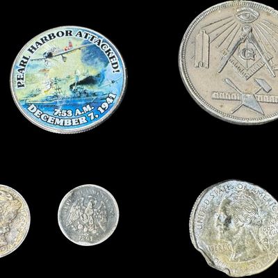 Sale Photo Thumbnail #694: Includes Buffalo nickels, Mercury dimes, 1891 five centavos, Pearl Harbor commemorative Kennedy half dollar, Rutherford B. Hayes Presidential dollar, and more. Total of 14 pieces. Some coins have 90% silver content. [GG]