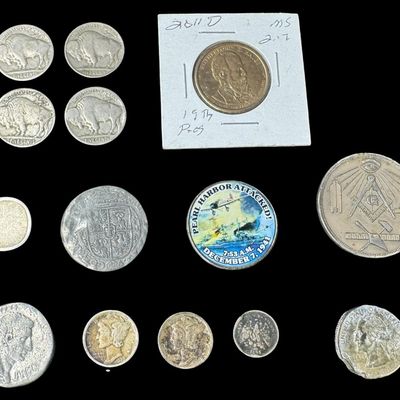 Sale Photo Thumbnail #693: Includes Buffalo nickels, Mercury dimes, 1891 five centavos, Pearl Harbor commemorative Kennedy half dollar, Rutherford B. Hayes Presidential dollar, and more. Total of 14 pieces. Some coins have 90% silver content. [GG]