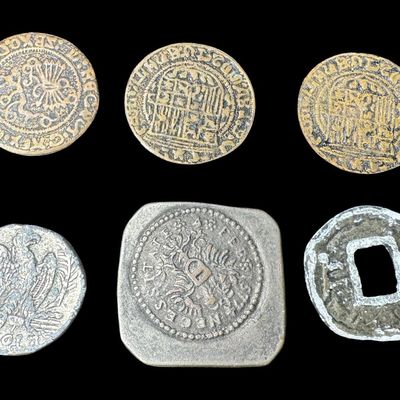 Sale Photo Thumbnail #698: Includes Spanish reales, an AR Tetradrachm from Antioch coin, a Dutch siege coin, and a Chinese cash coin. All are believed to be replicas. [PM]