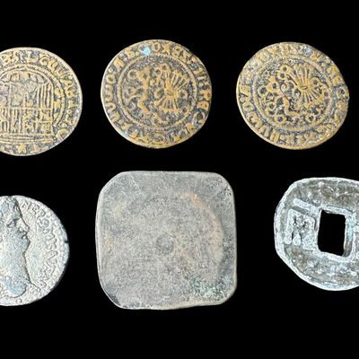 Sale Photo Thumbnail #697: Includes Spanish reales, an AR Tetradrachm from Antioch coin, a Dutch siege coin, and a Chinese cash coin. All are believed to be replicas. [PM]