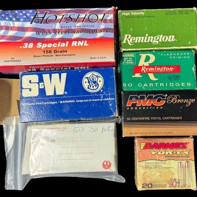 Sale Photo Thumbnail #702: Includes 50 rounds of Hotshot .38 special, 98 rounds of Remington .32 auto, 50 rounds of S&W .38 special, 20 rounds of Barnes .357 mag, 50 rounds of PMC 9mm Luger, and 50 rounds of Ruger .38 auto. Total of 318 rounds. **NO SHIPPING ON AMMUNITION.** [GG]