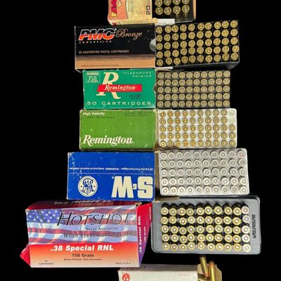 Sale Photo Thumbnail #703: Includes 50 rounds of Hotshot .38 special, 98 rounds of Remington .32 auto, 50 rounds of S&W .38 special, 20 rounds of Barnes .357 mag, 50 rounds of PMC 9mm Luger, and 50 rounds of Ruger .38 auto. Total of 318 rounds. **NO SHIPPING ON AMMUNITION.** [GG]
