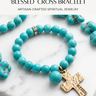 Blessed Cross Howlite Bracelet in Turquoise Color with Spacer Bead and Dangles