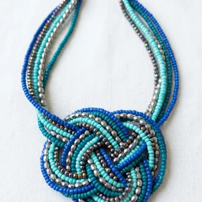 Josephine Knot Beaded turquoise, blue and Silver Statement Necklace