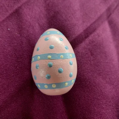 Vintage Painted Egg Pastel Pink and Blue Wood Brooch