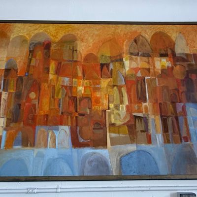 Mid-Century Modern Abstract Cityscape Painting 8'x4'3"