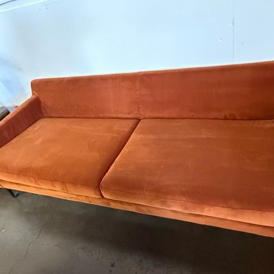 Milo Baughman Style Orange Velvet Sofa