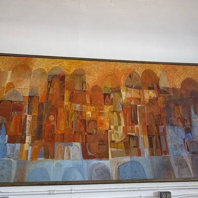 Mid-Century Modern Abstract Cityscape Painting by Losi Cinello