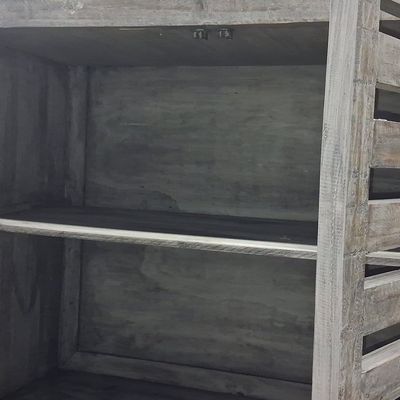 Distressed Gray Louvered Media Console 3'7"x6'2"
