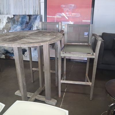 Weathered Teak Bar-Height Bistro Set with Mesh Sling Seats