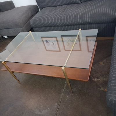 Sale Photo Thumbnail #132: Mid-Century Modern Glass and Walnut Wood Coffee Table with Gold Legs 3'10"x2'