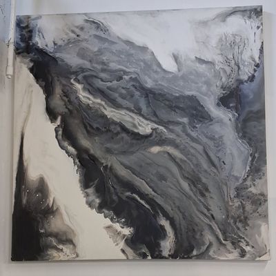 Sale Photo Thumbnail #177: Large Abstract Black and White Fluid Acrylic Painting 4'x4'