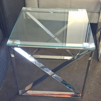 Sale Photo Thumbnail #211: Contemporary Mirrored Glass and Chrome X-Base Side Table