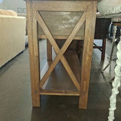 Sale Photo Thumbnail #242: Rustic Farmhouse Console Table with X-Frame Sides and Lower Shelf 1'6" x6'