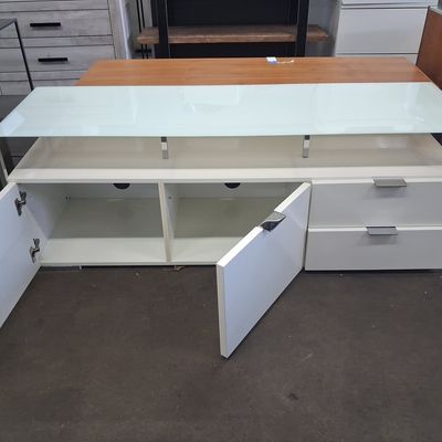 Sale Photo Thumbnail #243: Modern White Media Console with Glass Top and Drawers
