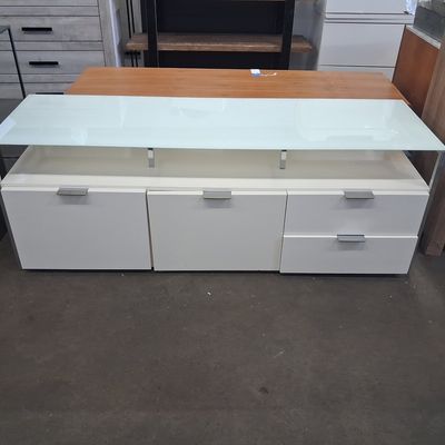 Sale Photo Thumbnail #244: Modern White Media Console with Glass Top and Drawers
