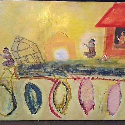 Sale Photo Thumbnail #293: Southeast Asian Figurative Mixed Media Painting 3'x2'