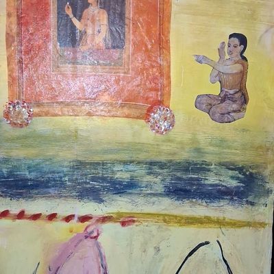 Sale Photo Thumbnail #294: Southeast Asian Figurative Mixed Media Painting 3'x2'