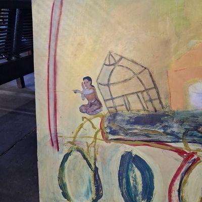 Sale Photo Thumbnail #296: Southeast Asian Figurative Mixed Media Painting 3'x2'