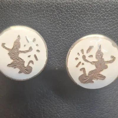 Sale Photo Thumbnail #170: Vintage Sterling Siam white inlay Mekhala Goddess Earrings 
white enamel with sterling figure.....screw backs work properly
marked Siam Sterling on both