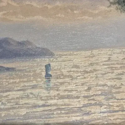 Sale Photo Thumbnail #192: Oil on canvas Asian water scene ~ MCM signed 
unframed, rolled in tube.....needs to be stretched and framed
overall 30 x 20......no tears or canvas cuts