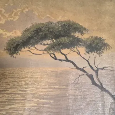 Sale Photo Thumbnail #188: Oil on canvas Asian water scene ~ MCM signed 
unframed, rolled in tube.....needs to be stretched and framed
overall 30 x 20......no tears or canvas cuts