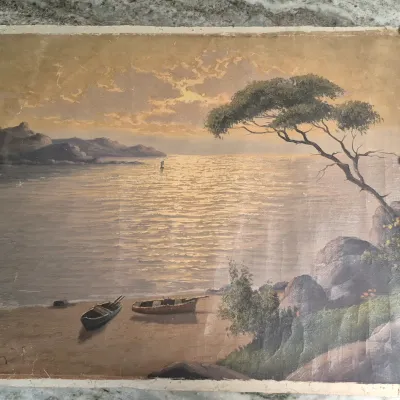 Sale Photo Thumbnail #187: Oil on canvas Asian water scene ~ MCM signed 
unframed, rolled in tube.....needs to be stretched and framed
overall 30 x 20......no tears or canvas cuts