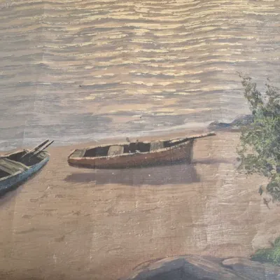 Sale Photo Thumbnail #191: Oil on canvas Asian water scene ~ MCM signed 
unframed, rolled in tube.....needs to be stretched and framed
overall 30 x 20......no tears or canvas cuts