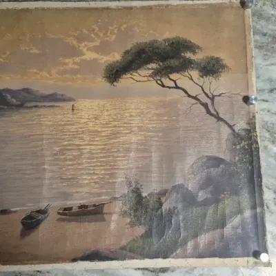 Sale Photo Thumbnail #189: Oil on canvas Asian water scene ~ MCM signed 
unframed, rolled in tube.....needs to be stretched and framed
overall 30 x 20......no tears or canvas cuts
