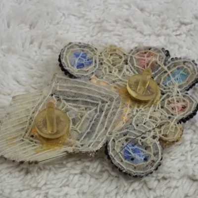 Sale Photo Thumbnail #214: STUNNING VINTAGE ESTATE ORNATE GLASS BEADED 3 3/8" DBL PIN! 
both pin backs are vintage and used in the 1980s and are rubber
Brooch is in Fabby condition.....a keeper
