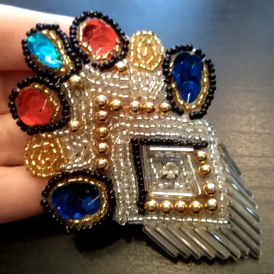 Sale Photo Thumbnail #212: STUNNING VINTAGE ESTATE ORNATE GLASS BEADED 3 3/8" DBL PIN! 
both pin backs are vintage and used in the 1980s and are rubber
Brooch is in Fabby condition.....a keeper
