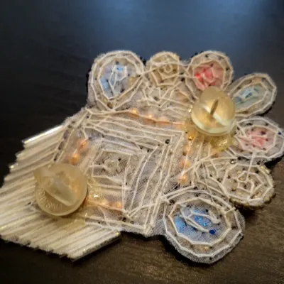 Sale Photo Thumbnail #215: STUNNING VINTAGE ESTATE ORNATE GLASS BEADED 3 3/8" DBL PIN! 
both pin backs are vintage and used in the 1980s and are rubber
Brooch is in Fabby condition.....a keeper