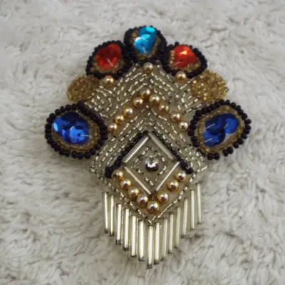 Sale Photo Thumbnail #213: STUNNING VINTAGE ESTATE ORNATE GLASS BEADED 3 3/8" DBL PIN! 
both pin backs are vintage and used in the 1980s and are rubber
Brooch is in Fabby condition.....a keeper