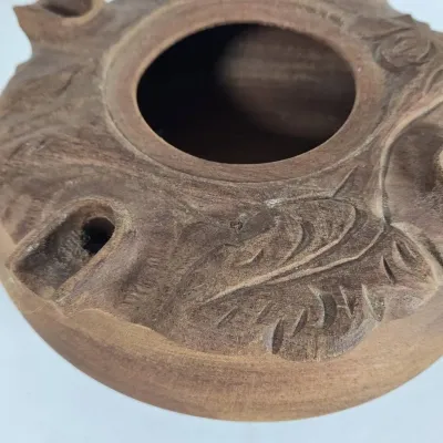 Sale Photo Thumbnail #222: Vintage hand carved wooden Grole, made from mahogany with an elaborate organic floral design. There are five carved outlets about the perimeter allowing various people to drink from the vessel. This would also make a nice potpourri holder, or for other sc