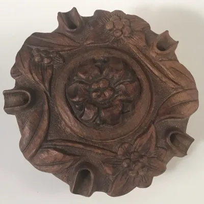 Sale Photo Thumbnail #221: Vintage hand carved wooden Grole, made from mahogany with an elaborate organic floral design. There are five carved outlets about the perimeter allowing various people to drink from the vessel. This would also make a nice potpourri holder, or for other sc