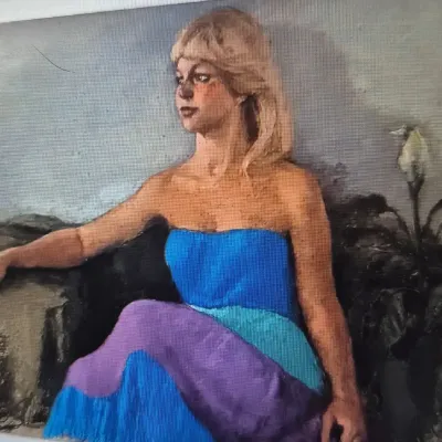 Sale Photo Thumbnail #322: Marcia B. Bouton " Blue Chairished ~ original pastel '72 [1919-2014]> Size: horizontal 26 x 20> pastels on Strathmore bond stock excellent condition, no major pastel loss, this is one of over 50 pastels from her original estate.> A student of Dartmouth Co