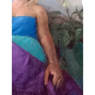 Sale Photo Thumbnail #324: Marcia B. Bouton " Blue Chairished ~ original pastel '72 [1919-2014]> Size: horizontal 26 x 20> pastels on Strathmore bond stock excellent condition, no major pastel loss, this is one of over 50 pastels from her original estate.> A student of Dartmouth Co